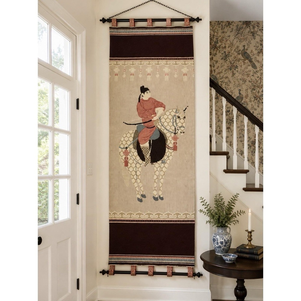Vintage Chinese Archer on Horseback Needlepoint Tapestry Wall Hanging 66" Asian